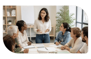 Mujer explicando a un grupo de adultos