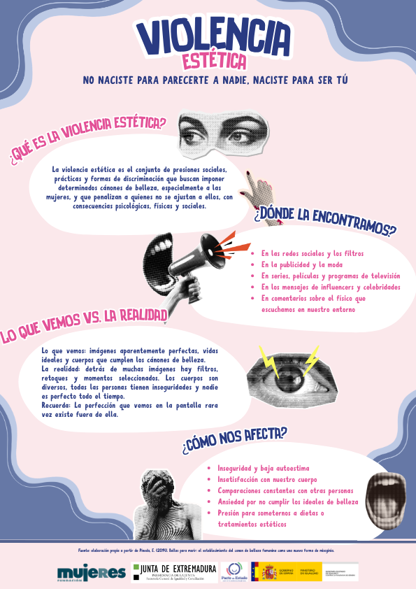 Infografía en tonos rosa y azul sobre la violencia estética, con ilustraciones en blanco y negro de ojos, una mano, un megáfono y figuras humanas
